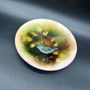 Vintage Enamel On Copper Plate Golden Crowned Kinglet Bird Brumm Signed 8.75”